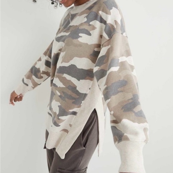 aerie Tops - Aerie Camouflage Crew Neck Sweater - Beige and Gray